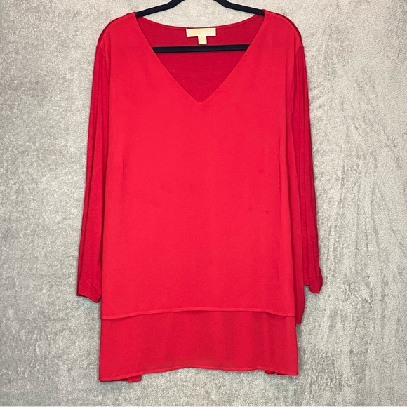 MICHAEL Michael Kors Tops - Micheal Michael Kors Womens Top 2X Red Solid 3/4 Sleeve V Neck Tiered Casual P11
